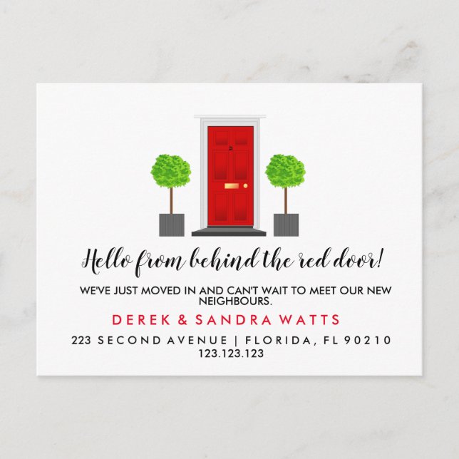 rote Vordertür Änderung der Adresse, die wir versc Ankündigungspostkarte (Vorderseite)