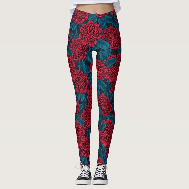 Rote Waratah-Blume Leggings (Vorderseite)