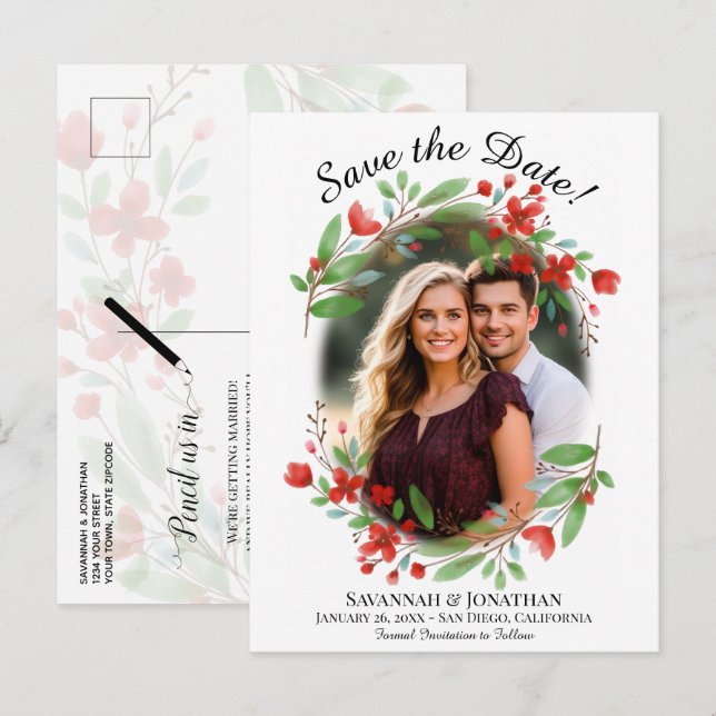 Rote Wasserfarbe Blumenzehen Speichern Sie das Fot Einladungspostkarte (Vorne/Hinten)