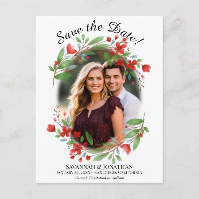 Rote Wasserfarbe Blumenzehen Speichern Sie das Fot Einladungspostkarte (Vorderseite)