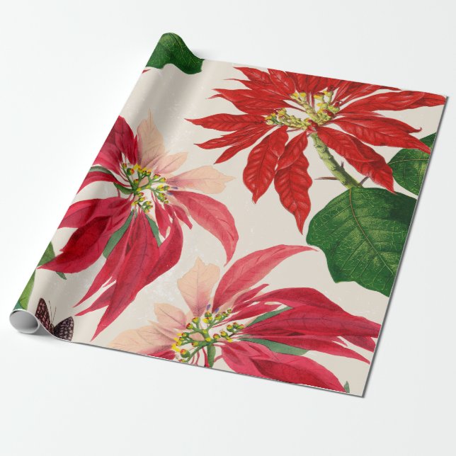 Rote Wasserfarbe Poinsettia Blumengrün Geschenkpapier (Ungerollt)