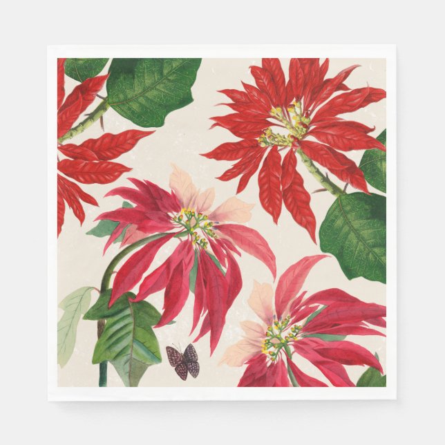 Rote Wasserfarbe Poinsettia Blumengrün Serviette (Vorderseite)