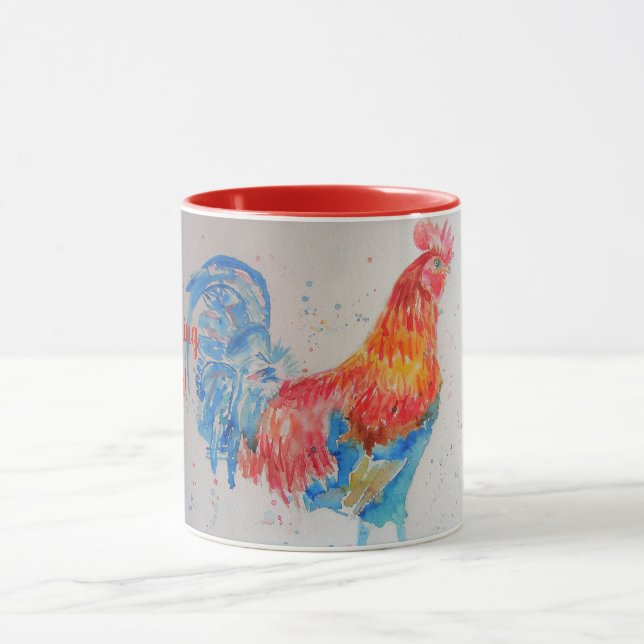 Rote Wasserfarbe Rooster Gute Morgensonne Tasse (Zentrum)