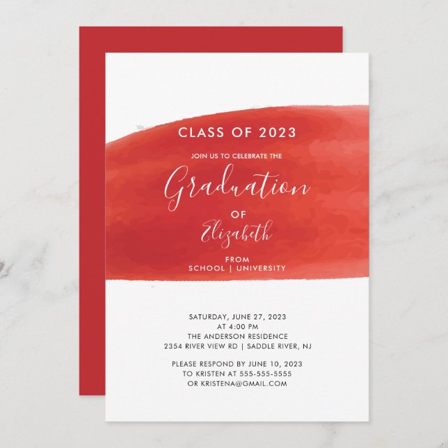 Rote Wasserfarbe Wash Graduation Party Einladung (Vorne/Hinten)