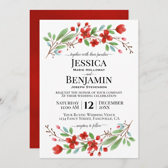 Rote Wasserfarben Blüten Elegantes Boho Chic Hochz Einladung (Vorne/Hinten)
