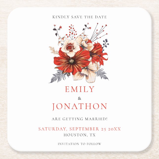 Rote Wasserfarben Florals Hochzeit speichern das D Rechteckiger Pappuntersetzer (Vorderseite)