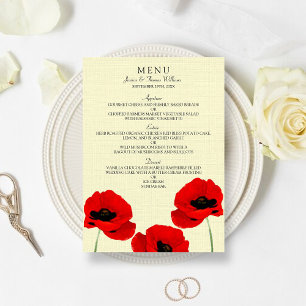 Rote Wasserfarben-Poppies Hochzeitskollektion Menükarte