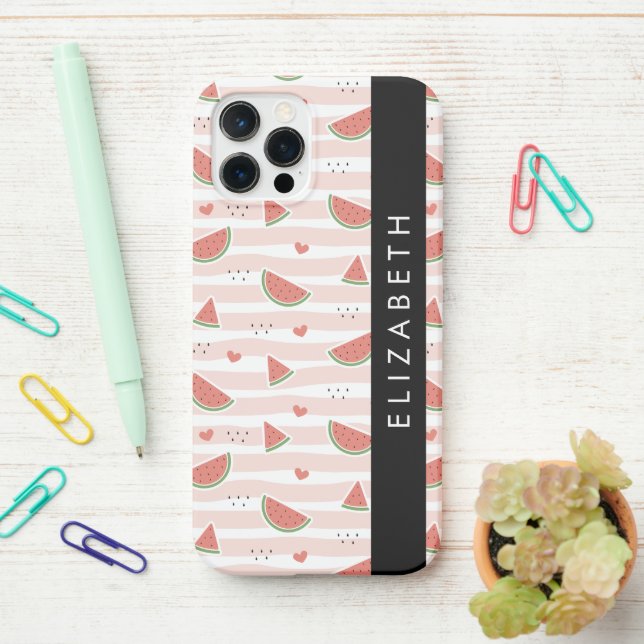 Rote Wassermelonen, Herz, Streifen, Ihr Name iPhone Hülle (Auf dem Schreibtisch)