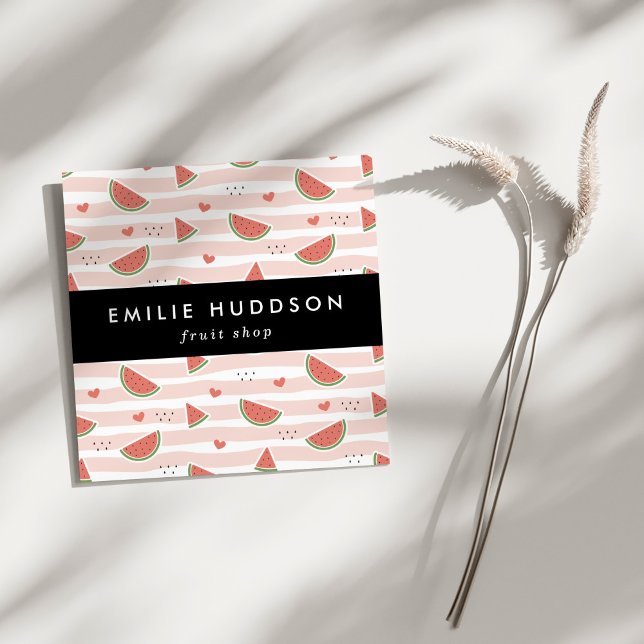 Rote Wassermelonen, Herz, Streifen, Ihr Name Quadratische Visitenkarte (Von Creator hochgeladen)