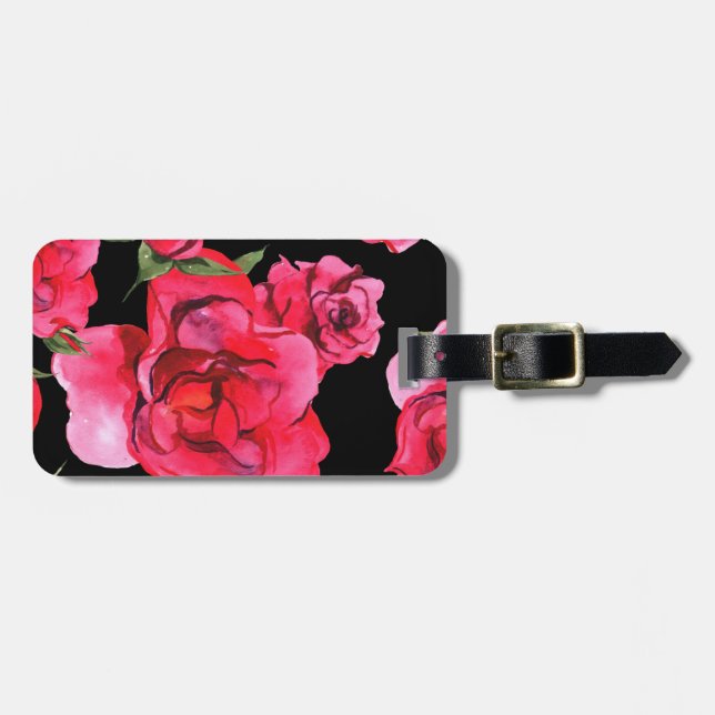 Rote Watercolor-Rosen und Grün auf Schwarzem Gepäckanhänger (Vorderseite horizontal)