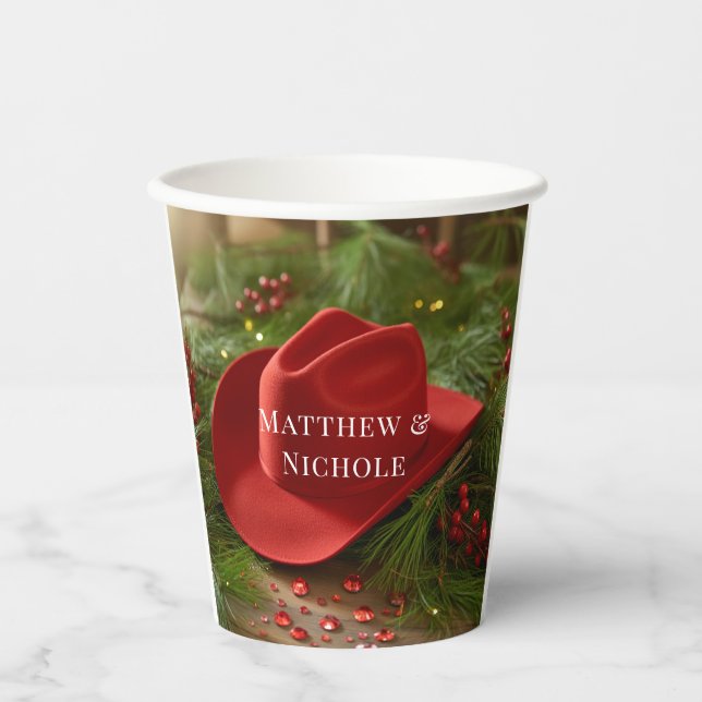 Rote Weihnachts-Cowboyhut-Hochzeit Pappbecher (Vorderseite)