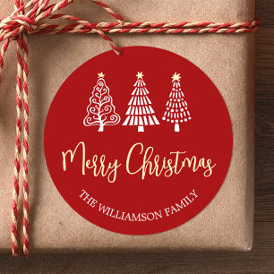 Rote Weihnachtsbäume Skript Name Whimsical Runder Aufkleber