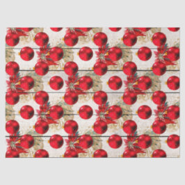 Rote Weihnachtsbaumschmuck auf Holzdekoupage Seidenpapier