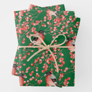 Rote Weihnachtsberries und Grüne Vögel Geschenkpapier Set