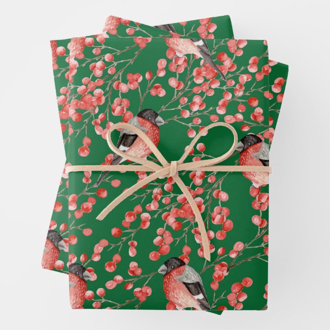 Rote Weihnachtsberries und Grüne Vögel Geschenkpapier Set (Beispiel)