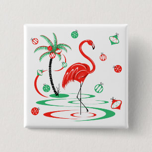 Rote Weihnachtsflamingo-Kugeln quadratisch Button