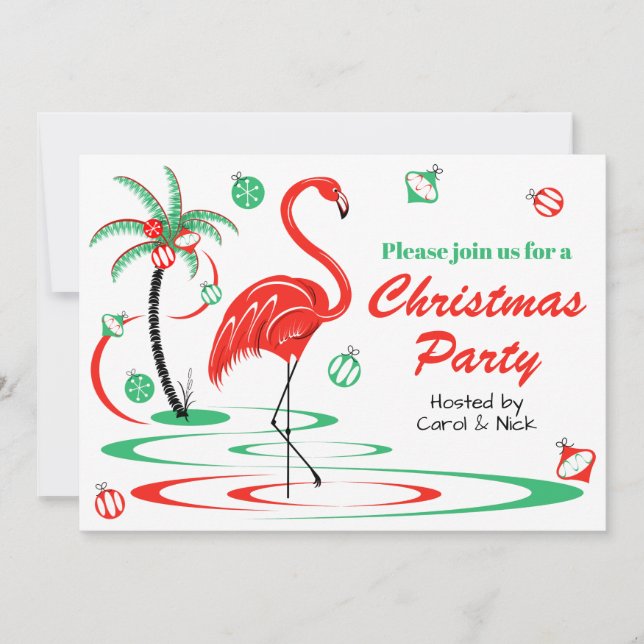 Rote Weihnachtsflamingo-WeihnachtsPartylandschaft Einladung (Vorderseite)