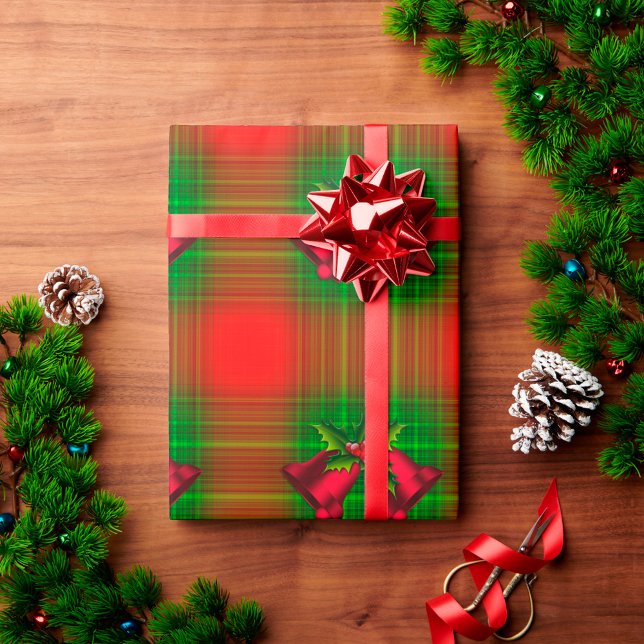 Rote Weihnachtsglocken auf Tartan Geschenkpapier (Von Creator hochgeladen)