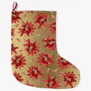 Rote Weihnachtskaktusblüten auf glänzendem Gold Großer Weihnachtsstrumpf