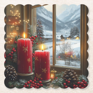 Rote Weihnachtskerzen Rote Beeren Tannenzapfen  Untersetzer
