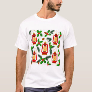 Rote Weihnachtslaterne Stechpalme Vintage-Muster T-Shirt
