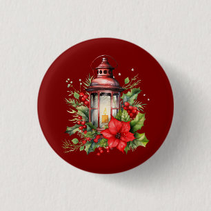 Rote Weihnachtslattern Poinsettia und Kiefer Button