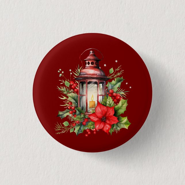 Rote Weihnachtslattern Poinsettia und Kiefer Button (Vorderseite)