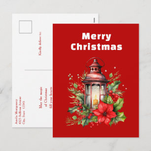 Rote Weihnachtslattern Poinsettia und Kiefer Feiertagspostkarte