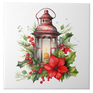 Rote Weihnachtslattern Poinsettia und Kiefer Fliese