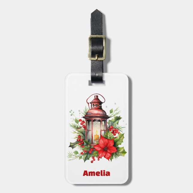 Rote Weihnachtslattern Poinsettia und Kiefer Gepäckanhänger (Vorderseite vertikal)