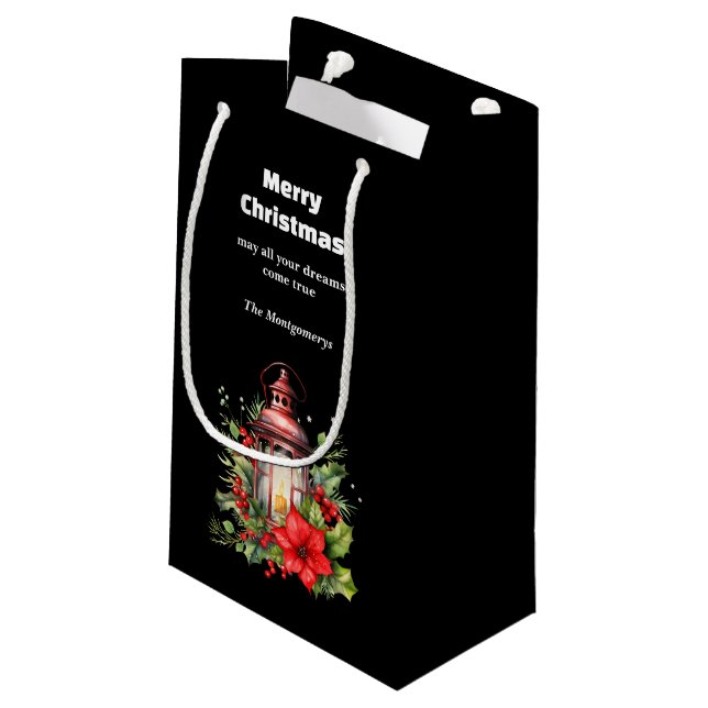 Rote Weihnachtslattern Poinsettia und Kiefer Kleine Geschenktüte (Rückseite Schrägansicht)