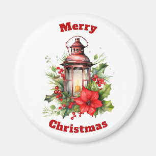 Rote Weihnachtslattern Poinsettia und Kiefer Magnet