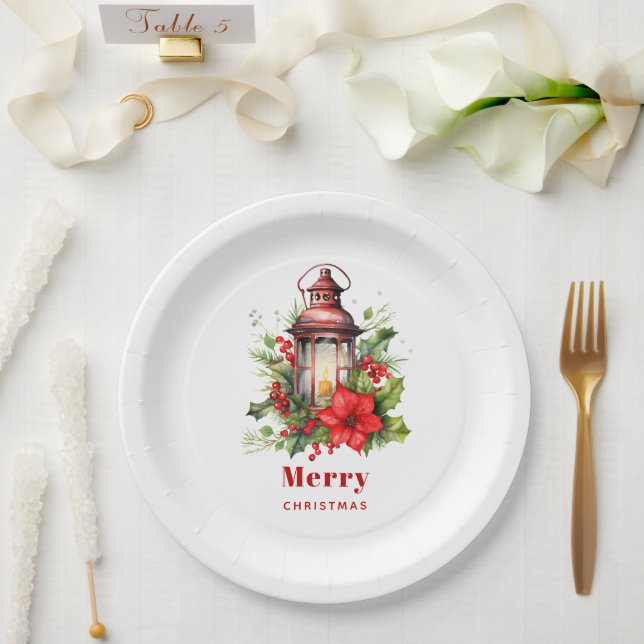 Rote Weihnachtslattern Poinsettia und Kiefer Pappteller (Hochzeit)