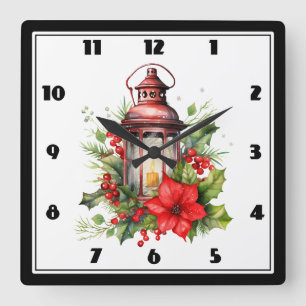 Rote Weihnachtslattern Poinsettia und Kiefer Quadratische Wanduhr