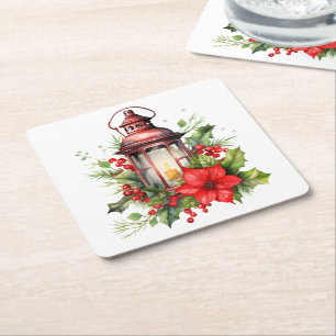 Rote Weihnachtslattern Poinsettia und Kiefer Rechteckiger Pappuntersetzer