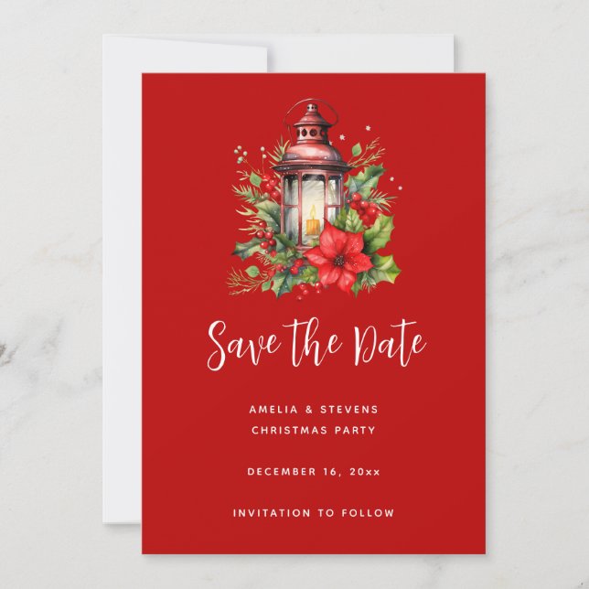 Rote Weihnachtslattern Poinsettia und Kiefer Save The Date (Vorderseite)
