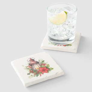 Rote Weihnachtslattern Poinsettia und Kiefer Steinuntersetzer