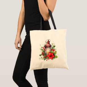 Rote Weihnachtslattern Poinsettia und Kiefer Tragetasche