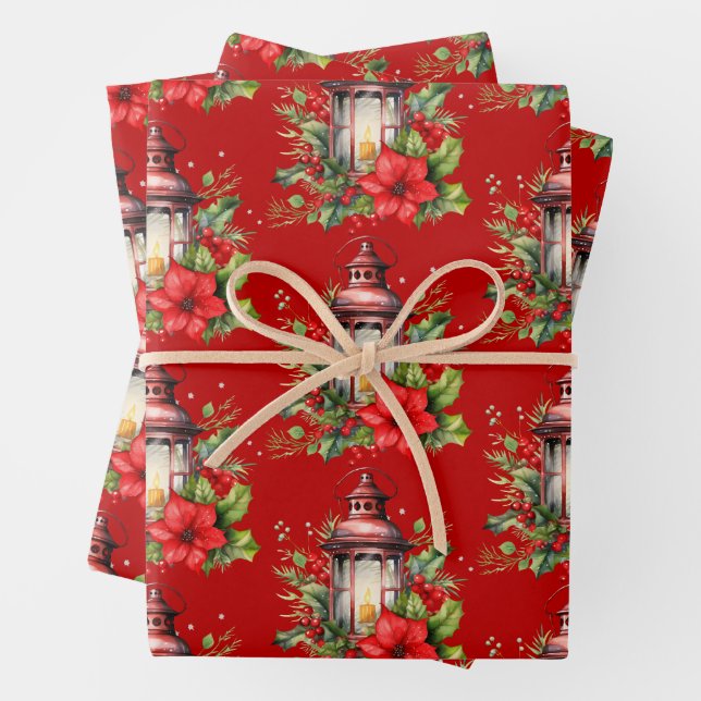 Rote Weihnachtslattern Poinsettia und Pine Pattern Geschenkpapier Set (Beispiel)