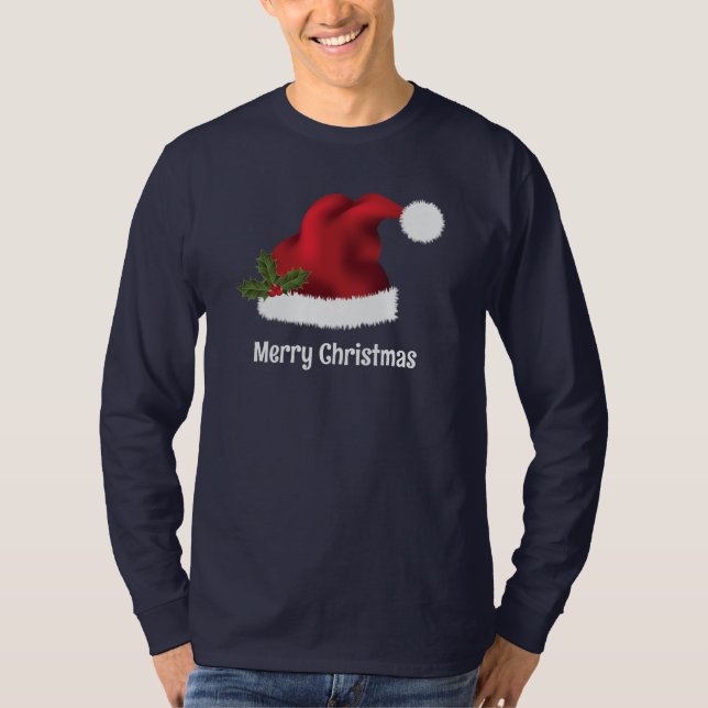Rote Weihnachtsmannmütze mit Weihnachtsholz und in T-Shirt (Vorderseite)