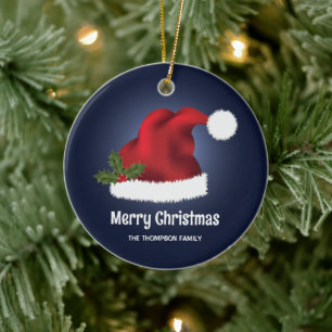 Rote Weihnachtsmannmütze mit Weihnachtsstechpalme Keramik Ornament