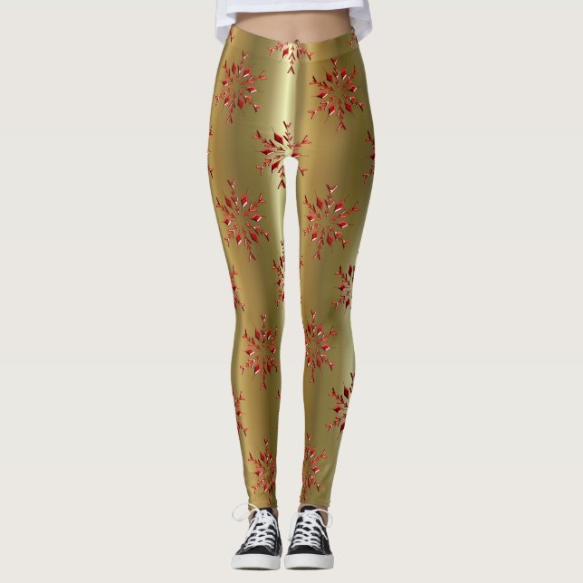 Rote Weihnachtsstars auf Gold Leggings (Vorderseite)