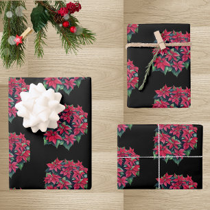 Rote Weihnachtsstern-Weihnachtsblume auf Schwarz Geschenkpapier Set