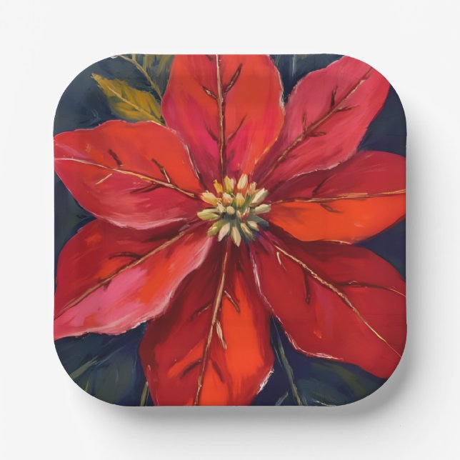 Rote Weihnachtsstern-Weihnachtsblume gemalt Pappteller (Vorderseite)