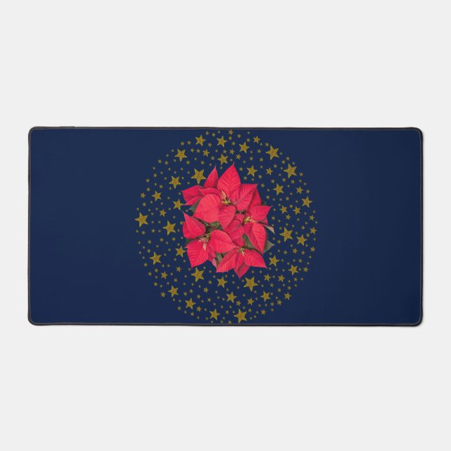 Rote Weihnachtssterne, funkelnd Goldsterne auf bla Schreibtischunterlage (Vorderseite)