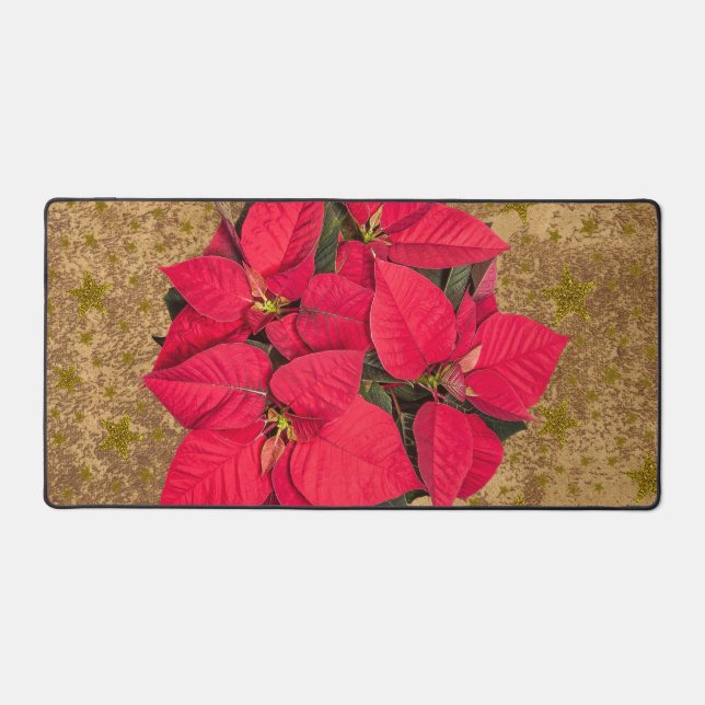 Rote Weihnachtssterne, goldene Sterne auf abstrakt Schreibtischunterlage (Vorderseite)