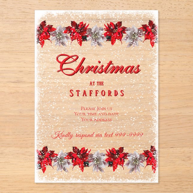 Rote Weihnachtssterne im Schnee Acryl-Einladung Acryleinladungen (Vorderseite)