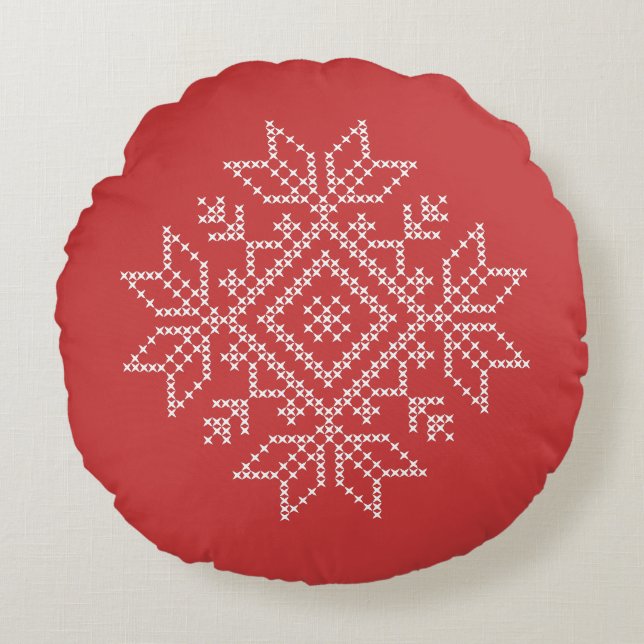Rote Weihnachtsstickereikunst Snowflake Saison Rundes Kissen (Vorderseite)