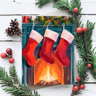 Rote Weihnachtsstrümpfe Kamin Aquarell Feiertagskarte