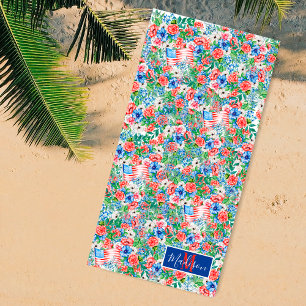 Rote Weiße Blaue Blumen Monogramm Name 4. Juli Strandtuch